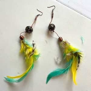 Yellow and blue natural handmade feather earrings - 9 inches. With metal bead.